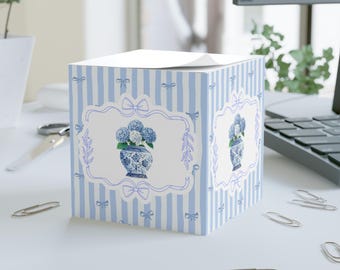 Blue Hydrangea Chinoiserie Vase Sticky Note Cube – Vintage Floral Memo Pad Block