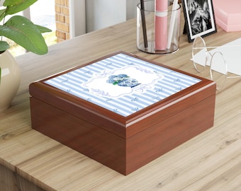 Blue Hydrangea Ceramic Jewelry Box, Varnished Rubberwood Storage Organizer