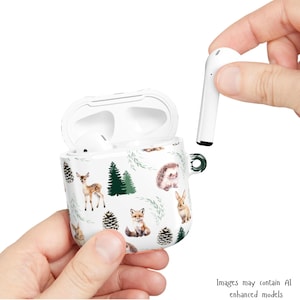 Woodland Animals Watercolor AirPod Case – Fox, Deer, Bunny, Hedgehog Pattern (Carabiner, Wireless Charging Compatible)