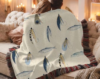 Fishing Lures Woven Cotton Blanket – Coastal Nautical Throw with Fringed Edges