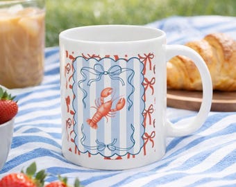 Coastal Maine Charm Ceramic Mug with Lobster Red Ribbons and Blue Striped Frame