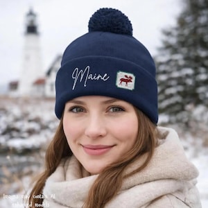 Navy Knit Beanie with Moose Patch Pom Pom – Maine Winter Hat