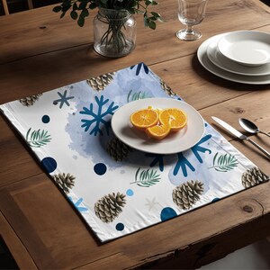 Blue Snowflakes Pinecone Placemat - Vintage Winter Table Decor with Hand-Painted Design