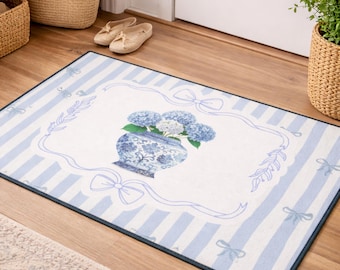Blue Hydrangea Chinoiserie Vase Doormat – French Country Floral Entry Rug