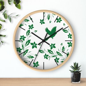 Serene Green Floral Vine Bird Clock - Botanical Nature Wall Decor