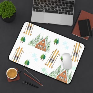 Winter Wonderland Skiing Trees Desk Mat - Cozy Cabin Pattern Mouse Pad