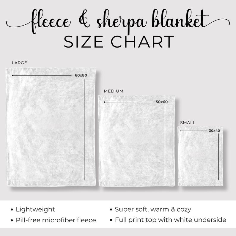 Puede incluir: Tabla de tallas para mantas de forro polar y sherpa. Muestra tres tama&ntilde;os: Grande (152x203 cm), Mediano (127x152 cm) y Peque&ntilde;o (76x101 cm). Caracter&iacute;sticas: ligero, forro polar de microfibra sin bolitas, s&uacute;per suave, c&aacute;lido y acogedor.