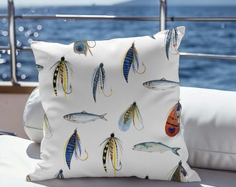 Funda de almohada con señuelos de pesca costera, decoración con estampado de peces de acuarela