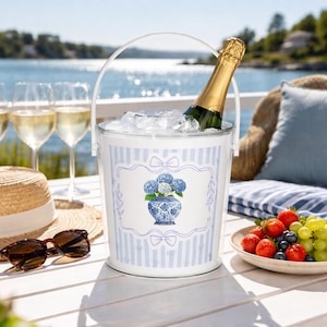 Blue Chinoiserie Hydrangea Ice Bucket with Tongs – Acrylic Barware for Entertaining