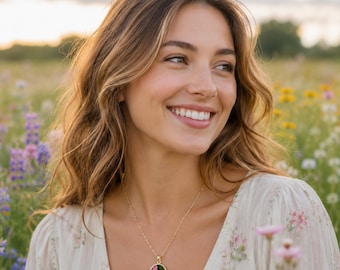 Oval Floral Pendant Necklace – Pink Peony Botanical Engraving, Gold Plated or Stainless Steel