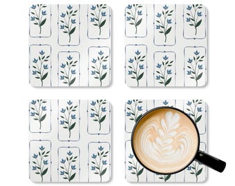 Juego de posavasos de corcho con diseño floral botánico en azul sereno: elegantes posavasos para la decoración del hogar.