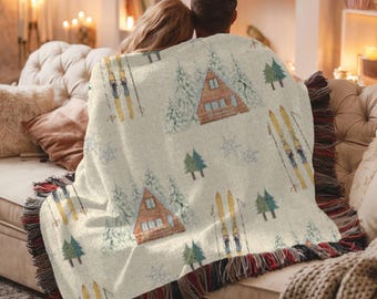 Manta tejida con estampado de cabaña de esquí - Manta acogedora de algodón estilo cabaña