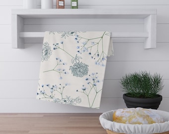 Theedoek met botanische motieven | Stofblauwe keukendoek met wilde bloemen | Landelijke linnen cadeau