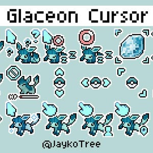 Può includere: Un design pixel art con varie icone del cursore a tema Glaceon. Le icone includono personaggi Glaceon, frecce e altri elementi in sfumature di blu e bianco. Il testo "Glaceon Cursor" è in alto, con il nome dell'artista in basso.