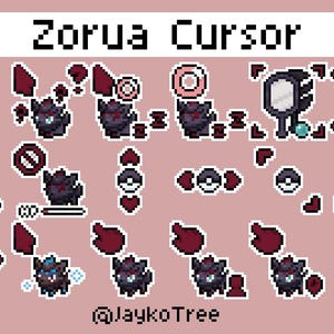 Puede incluir: Una colección de cursores e iconos de pixel art con un personaje Zorua de color púrpura oscuro, junto con varias formas de cursor como flechas, círculos y lupas. El texto "Zorua Cursor" está en la parte superior.