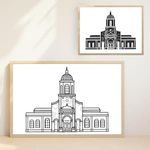 May include: Two framed art prints featuring a black and white line drawing of a building with a domed tower. The building has multiple windows and a central arched entrance. The frames are a light wood color.