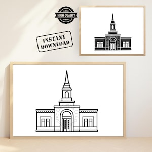 May include: Two framed architectural art prints. The larger print features a black and white line drawing of a building with a steeple. The smaller print shows the same building. The words "Instant Download" and "High Quality" are stamped on the wall.