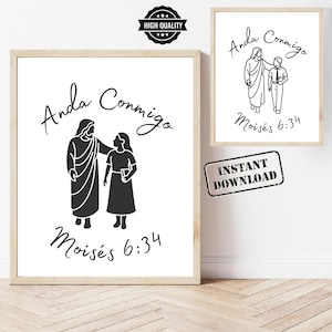 Może przedstawiać: Dwa oprawione czarno-białe wydruki. Większy wydruk przedstawia sylwetkę dwóch postaci ze słowami "Anda Conmigo" i "Moisés 6:34". Mniejszy wydruk ma podobny wzór. Widoczna jest również pieczęć "Wysoka jakość" i stempel "Natychmiastowe pobieranie".