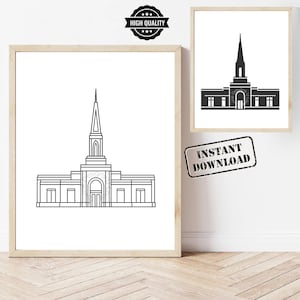 May include: Two framed art prints showing a black and white line drawing of a building with a tall spire. The larger print is in a light wood frame. The smaller print is also framed. The words "Instant Download" are stamped on the wall.