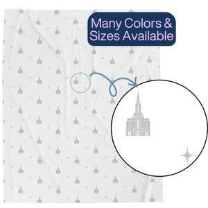 May include: White blanket with a repeating pattern of gray church illustrations and crosses. A close-up shows a detailed church design. The text "Many Colors & Sizes Available" is displayed in a dark blue rectangle.