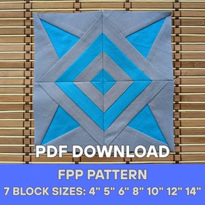 Modello Foundation Paper Piecing – Blocco trapuntato FPP – Diamante geometrico – 7 misure – PDF A4 e US Letter