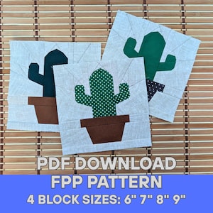 Bloque de edredón con imágenes de FPP: Cactus alegre con flores. Patrón de patchwork de papel base. Preciosa colcha de plantas. 4 tamaños: A4 y tamaño carta (PDF).