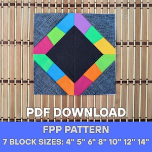 FPP Quilt Block PDF Pattern — Playful Medallion, Geometric, 7 Sizes (A4 & Letter)