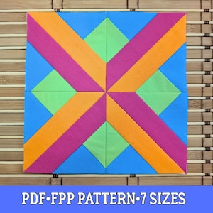 Puede incluir: Un bloque de patchwork colorido con un diseño geométrico. El bloque presenta un fondo azul con formas de diamante verdes y rayas naranjas y magenta que se cruzan. El texto "PDF FPP PATTERN 7 SIZES" está en la parte inferior.
