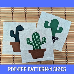 FPP Picture Quilt Block Pattern — Cheerful Cactus with Blossoms — PDF, 4 Sizes (Letter/A4)