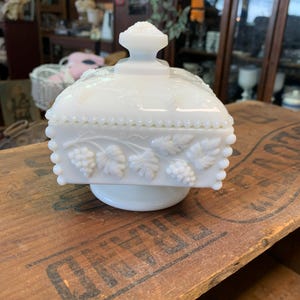 Westmoreland Glass Co. Milk Glass Dish with Lid, Grapevine Design and Beaded Edges