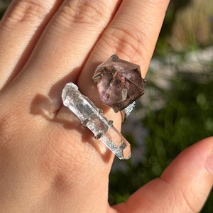 Raw Quartz Point, Amethyst Ring, Double stone Ring,  Purple Ring, Natural Stone Ring, Adjustable Ring, Birthstone Jewelry, Boho Ring