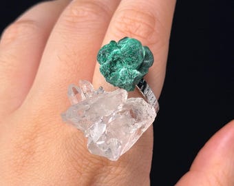 Green Malachite and Clear Quartz Cluster Ring, White Crystal Two Stone Ring, Adjustable Natural Gemstone Jewellery, Green Crystal Gift Ring