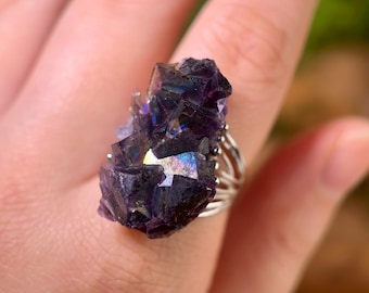Purple Fluorite Ring, Quartz Druzy Ring, Raw Crystal Statement Ring, Cocktail Ring, Natural Stone Jewelry, Mineral Lover, Gift Ring