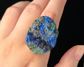 Blue Azurite Ring,  Blue Crystal Ring, Raw Mineral Ring, Stone Jewelry, Statement Ring, Collector Gift, One of a Kind Ring