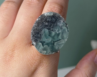 Light Green Fluorite Ring, Quartz Druzy Ring, Fluorite on Quartz, Raw Crystal Statement Ring, Cocktail Ring, Natural Stone Jewelry