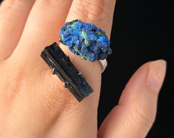 Blue Azurite Ring, Natural Black Tourmaline Ring, Blue Crystal Ring, Raw Mineral Ring, Statement Ring, Collector Gift, One of a Kind Ring