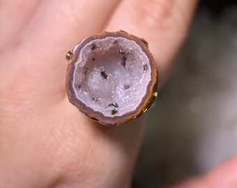 Agate Geode Ring, Natural Gemstone Ring, Raw Crystal Statement Ring, Birthday Gifts, Boho Ring, Gift for her, Quartz ring