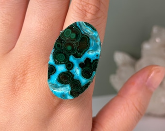 Malachite Chrysocolla Ring, Large Blue Green Mineral Statement Ring, Natural Gemstone Adjustable Handmade Ring, Special Perfect Gift for her