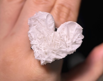 White Calcite Heart Ring, Raw Crystal Statement Ring, Adjustable Silver-Plated Cocktail Ring, Gift for Her, Boho Ring