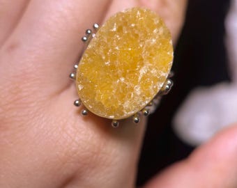 Yellow Fluorite Ring, Quartz Druzy Ring, Raw Crystal Statement Ring, Cocktail Ring, Birthday Gifts, Raw Crystals, Boho Ring