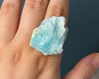 Blue Larimar Ring, Sea Blue Crystal Statement Ring, Ocean Inspired Adjustable Gemstone Jewellery,  Natural Gemstone Ring, Boho Jewelry
