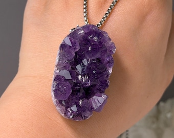 Deep Purple Amethyst Cluster Pendant Necklace, Large Crystal Statement Necklace, Birthday Gift, February Birthstone, Purple Crystal Necklace