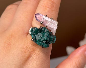 Green Dioptase Ring, Vera Cruz Amethyst Ring, Two Stone Ring, Boho Statement Ring, Gift for Her, Birthday Gift, February Birthstone