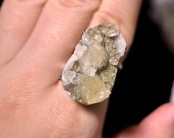 Pyrite Ring, Calcite Ring, Raw Crystal Statement Ring, Adjustable Ring, Birthday Gifts, Boho Ring, Big Ring