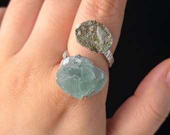 Green Crystal Ring, Fluorite and Pyrite Calcite Ring, Raw Crystal Statement Adjustment Ring, Cocktail Ring, Natural Two Stone Jewelry
