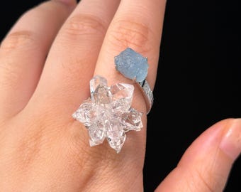 Herkimer Diamond Ring, Blue Aquamarine Ring, Raw Quartz Crystal,  Raw March Birthstone Ring,  Two Stone Ring, Flower Ring, Fantasy Jewelry