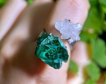 Natural Malachite Ring, Herkimer Diamond Ring, Gemstone Ring, Cocktail Ring, Mineral Specimens