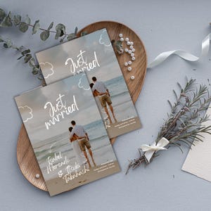 Plantilla editable de Canva para tarjeta fotográfica de recién casados / Anuncio de boda minimalista / Tarjeta de agradecimiento imprimible para recién casados