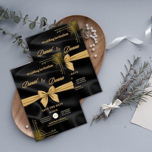Black and Gold Wedding Invitation with Gold Bow | Elegant Canva Template | Formal Wedding Invite | Printable Instant Download