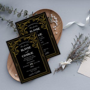 Black and Gold Wedding Invitation Template | Elegant Canva Editable Design | Printable Formal Wedding Card with Floral Gold Border